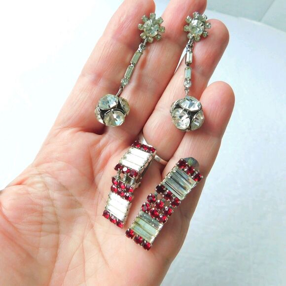 Vintage Clear & Red Rhinestone Clip-On Earrings, Lot of 2 Austria (Red) Dressy - Picture 2 of 16
